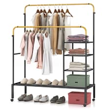 COSTWAY Rolling Clothes Drying Rack Adjustable Double Rods Garment Rack Golden