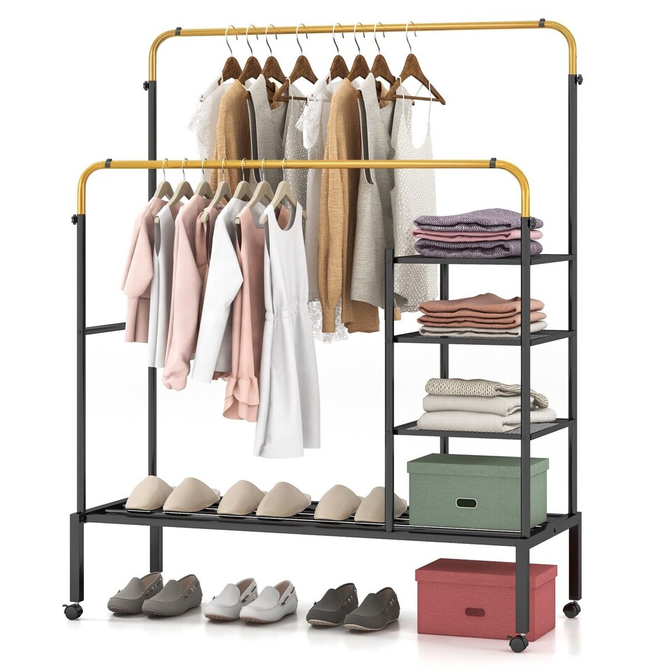 image 1 of COSTWAY Rolling Clothes Drying Rack Adjustable Double Rods Garment Rack Golden