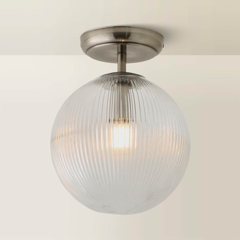 image 1 of ValueLights Kempton Brushed Chrome Ceiling Light Ribbed Globe Shade | Chrome