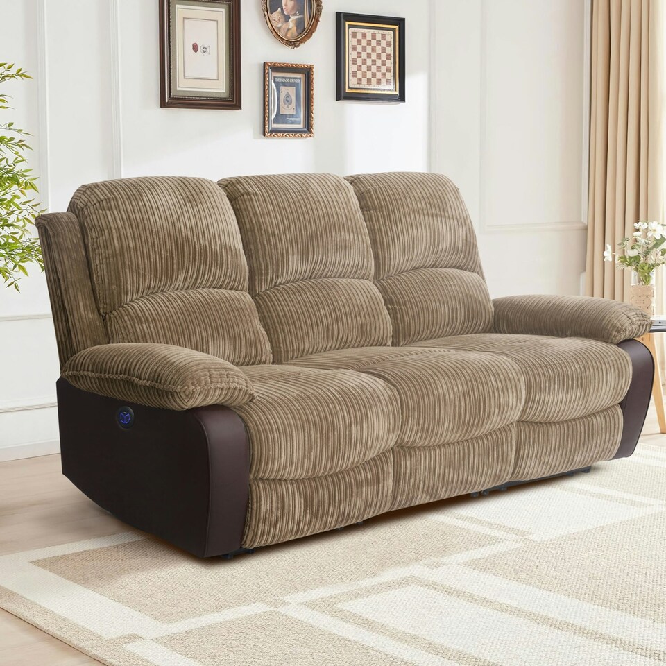 image 1 of Electric Recliner Fabric Cord 3 Seater Sofa In Brown