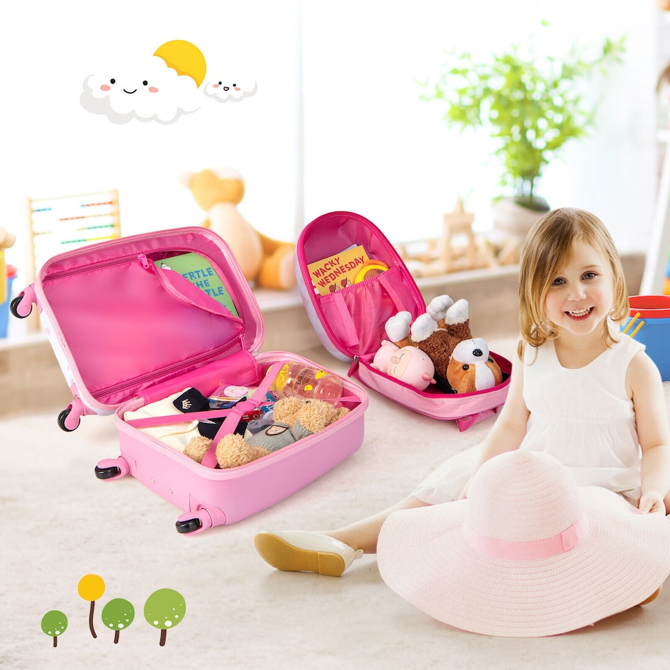 image 1 of COSTWAY 2Pcs Kids Backpack Luggage Set 12'' 16'' Children Carry On Traveling Suitcase