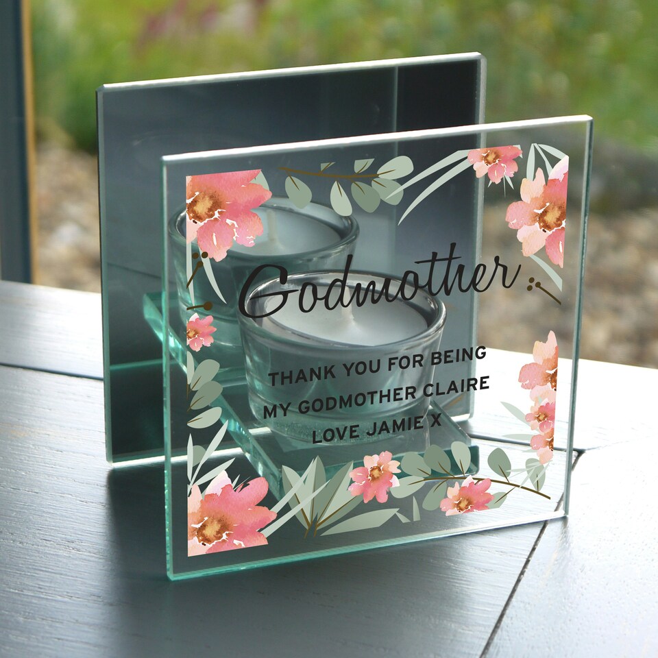 image 1 of Personalised Floral Sentimental Mirrored Glass Tea Light Candle Holder Clear