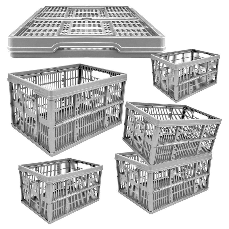 image 1 of 2 x Foldable Stackable Grey 32 Litre Multipurpose Crates With Handle Great For Storage & Transportation Grey