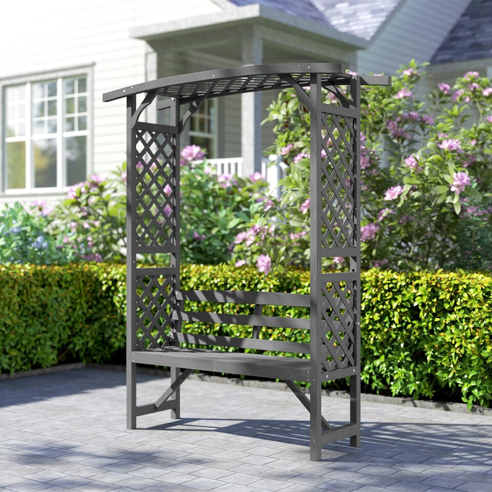 image 1 of Outsunny Arch Pergola Garden Bench, Wooden Garden Arbour with Seat, Grey