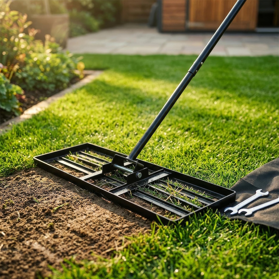 image 1 of Harbour Housewares Heavy Duty Steel Lawn Levelling Rake - 106 x 25cm - Wide Garden Leveling Tool Soil Spreader Landscaping Tool