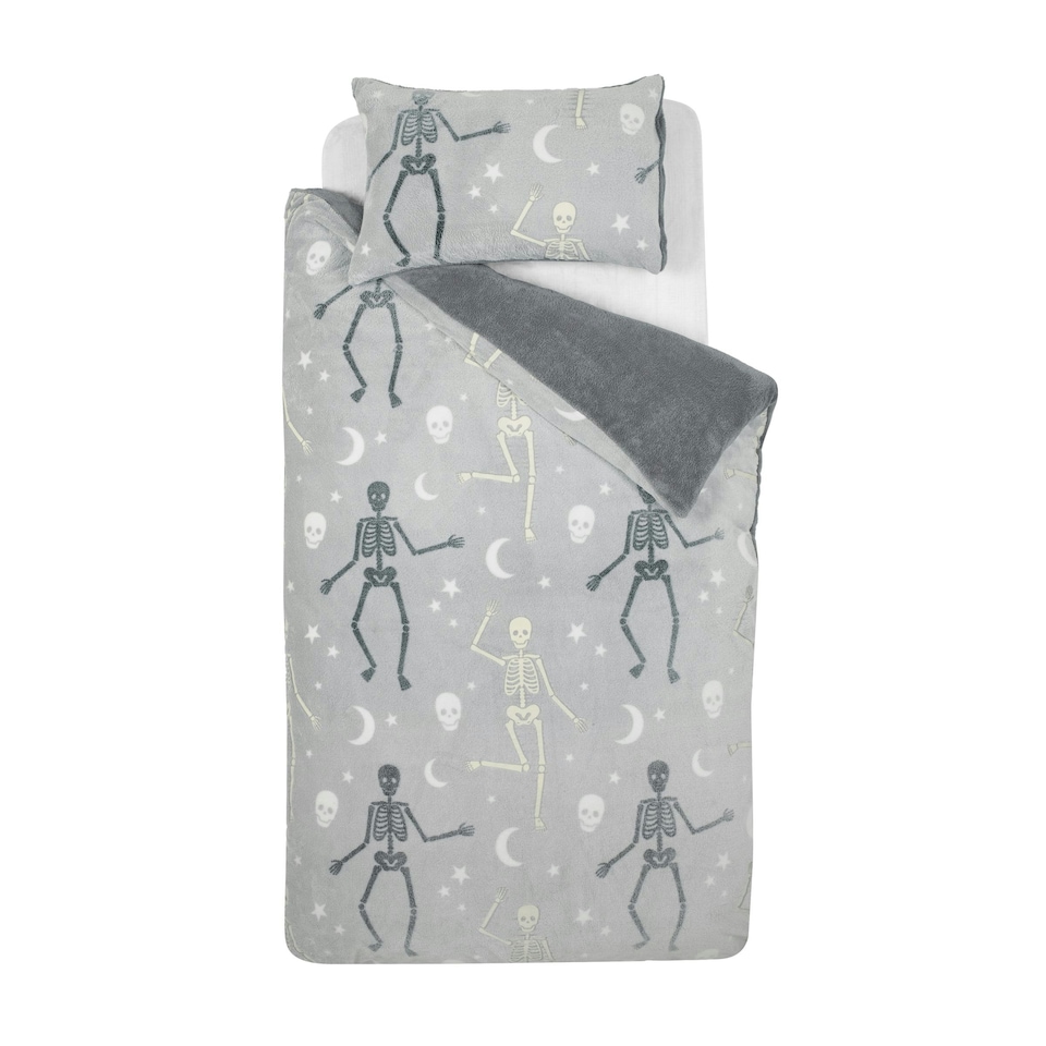 image 1 of Catherine Lansfield Halloween Skeleton Fleece Glow in the Dark Duvet Cover Set Grey | Grey | Double