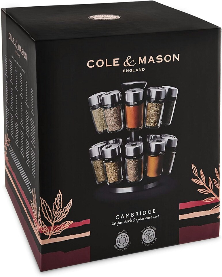 image 1 of Cole & Mason Cambridge 20 Glass Rotating Spice Rack, Spice and Herb Organiser/Storage, Glass Spice Jars with Labels, Herbs and Spices Included