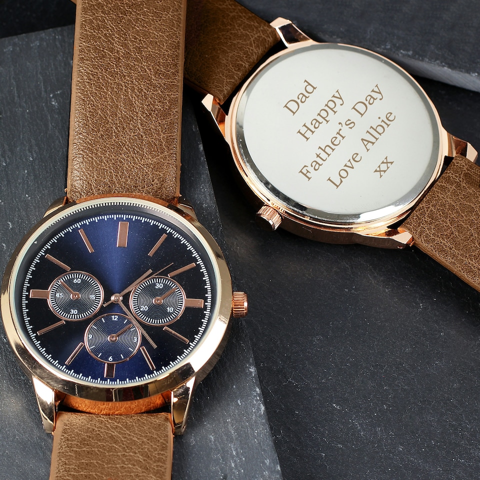 image 1 of Personalised Mens Rose Gold Tone Watch with Brown Strap and Presentation Box