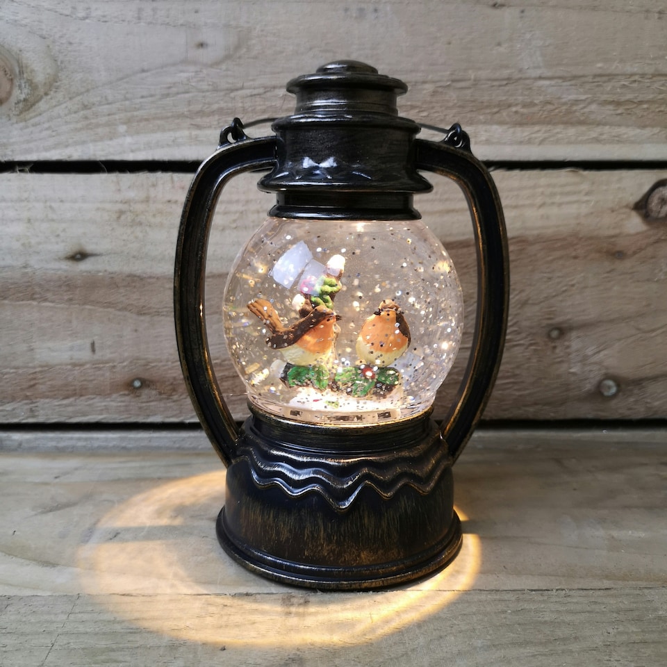 image 1 of 27cm Snowtime Christmas Water Spinner Antique Effect Lantern 2 Robins Scene Dual Powered