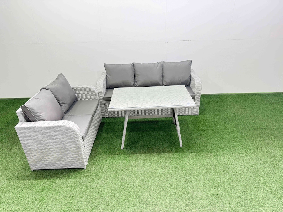image 1 of Fimous Outdoor PE Rattan Garden Furniture Set Rectangular Dining Table Sofa Set Light Grey