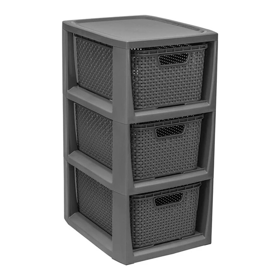 image 1 of 3 Drawer Large Spacious Rattan Effect Grey Home Office Modular Storage Tower Unit Grey
