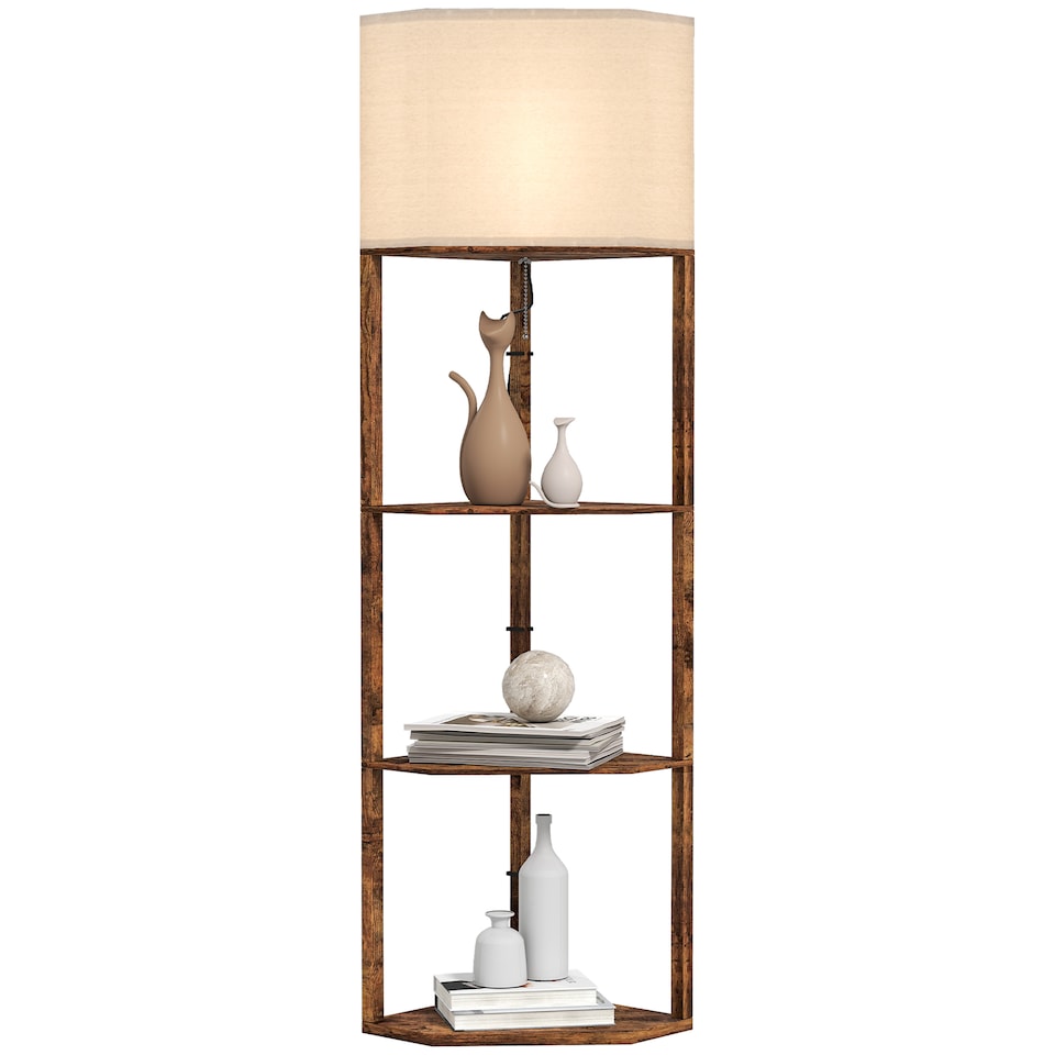 image 1 of HOMCOM Corner Floor Lamp with Shelves, Modern Tall Standing Lamp with Chain Switch for Living Room, Bedroom, Bulb Not Included, Rustic Brown