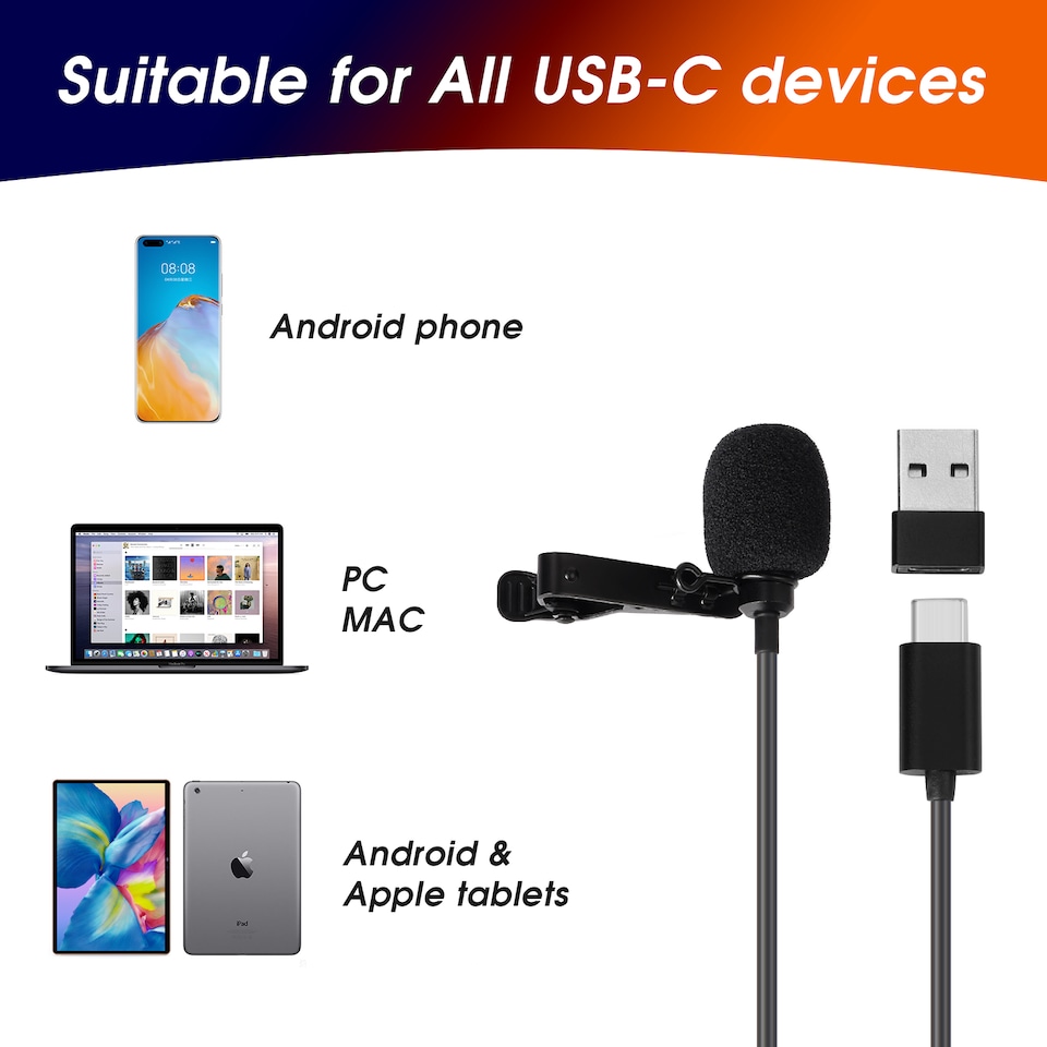 image 1 of USB-C Lavalier Lapel Microphone Clip-On Omnidirectional Recording - Daffodil MCP150