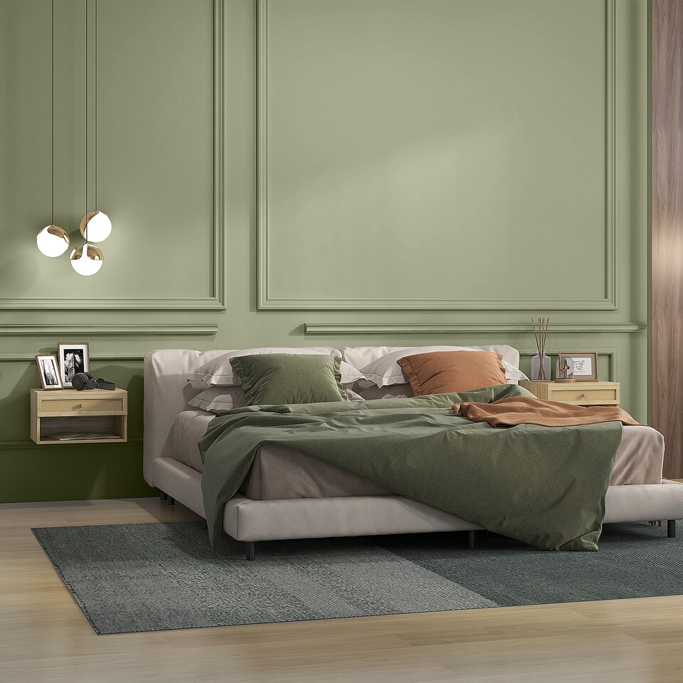 image 1 of HOMCOM Floating Bedside Tables, Nordic Nightstands Set of 2 with Rattan Drawer and Open Shelf for Bedroom, Nature Wood Finish