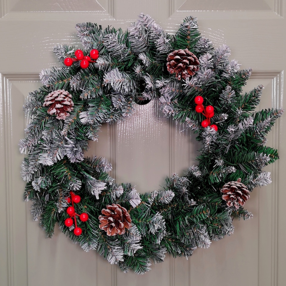 image 1 of 45cm Snow Tipped Green Wreath Christmas Decoration with 125 Tips, Pine Cones and Berries