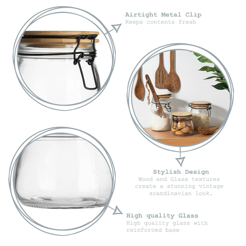 image 1 of Argon Tableware Wooden Clip Lid Storage Jars - 500ml - Clear Seal - Pack of 3