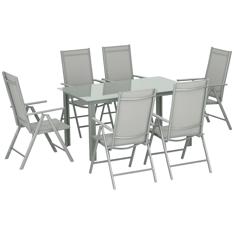 image 1 of Outsunny 7 Piece Garden Dining Set, Outdoor Table and 6 Folding and Reclining Chairs, Aluminium Frame, Tempered Glass Top Table, Texteline Seats, Grey