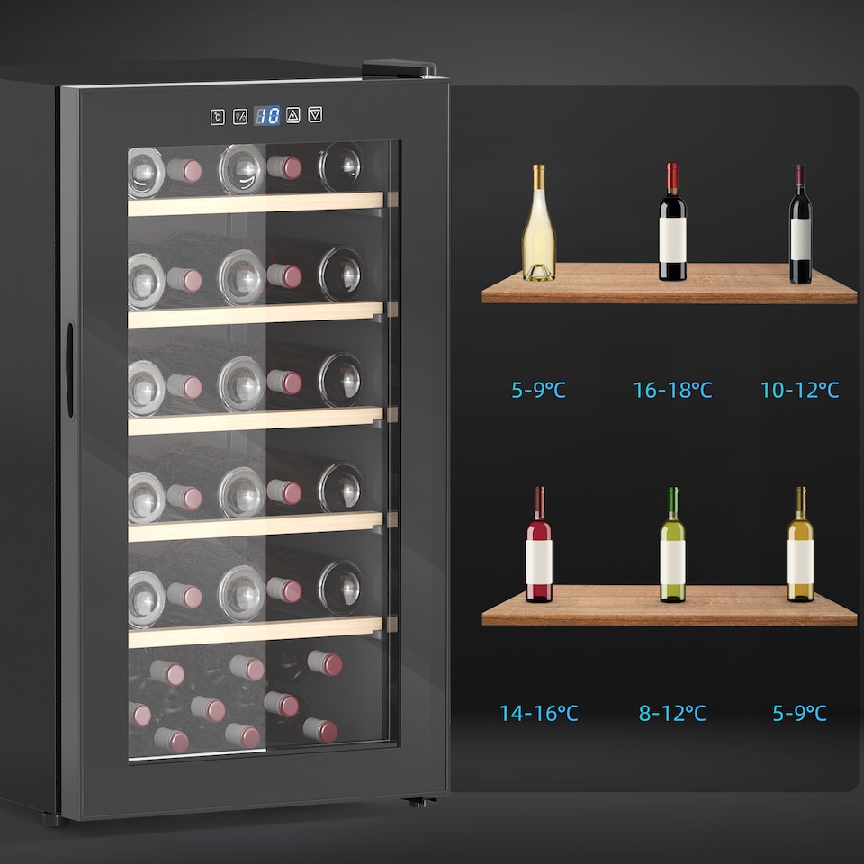 image 1 of HOMCOM 41 Bottle Wine Fridge, 91 Litre Capacity, 45cm Freestanding Wine Cooler Fridge with Glass Door, LED Light, Digital Touch Screen, Temperature Control, Black | Black