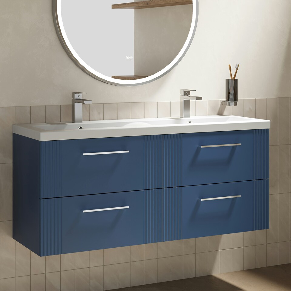 image 1 of Retro 4 Drawer Wall Hung Vanity Unit with Double Ceramic Basin - 1200mm - Satin Blue - Balterley Blue