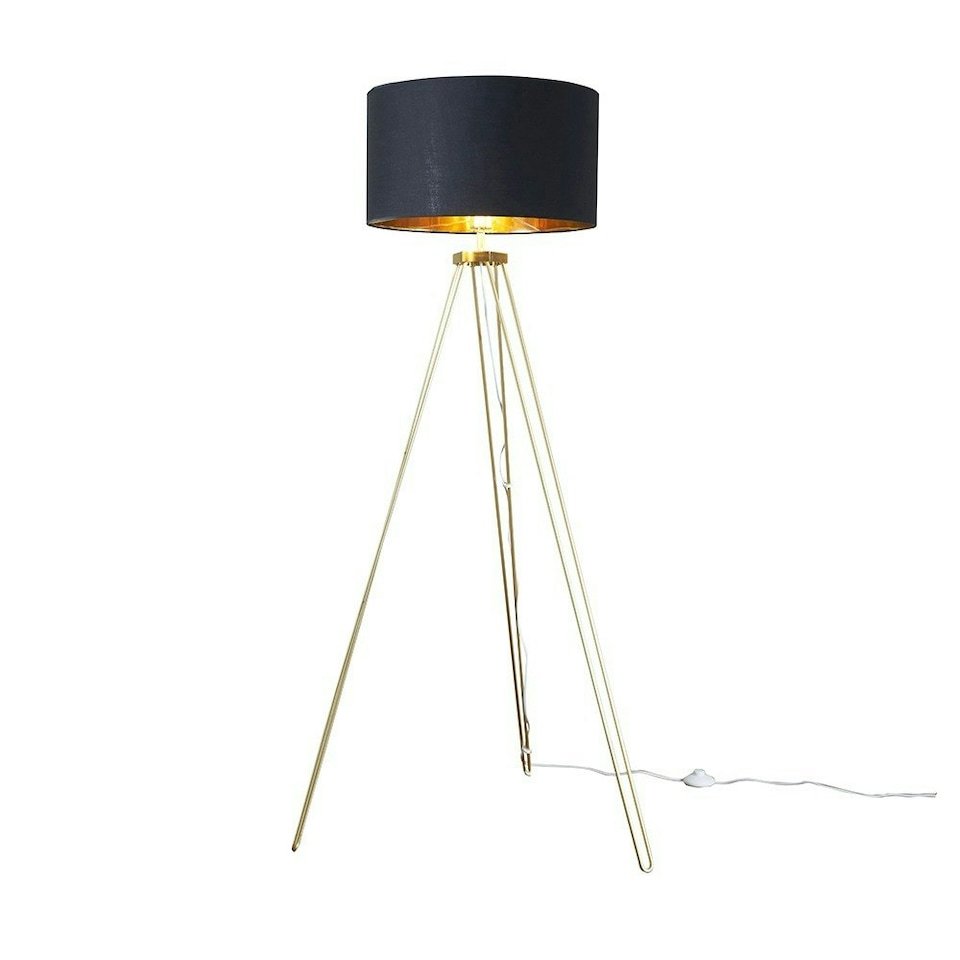 image 1 of ValueLights Modern Gold Hairpin Design Tripod Floor Lamp With Black Gold Drum Shade