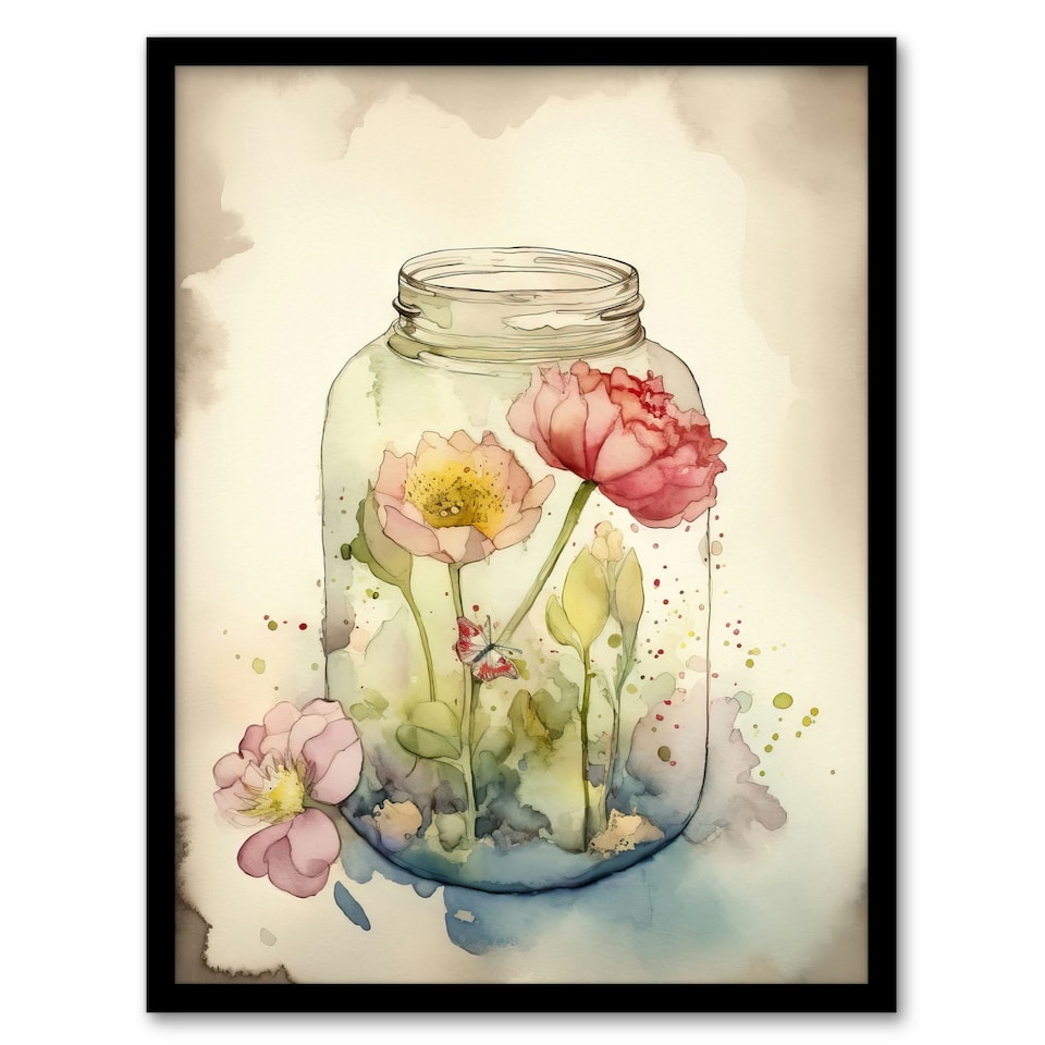 image 1 of Wildflowers Glass Jar Soft Watercolour Pink Black Framed Wall Art Print A4