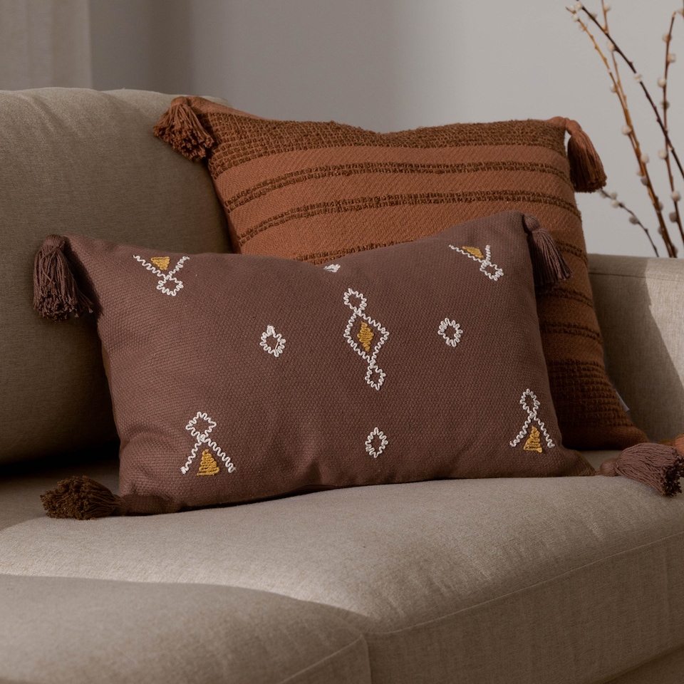 image 1 of Yard Meare Embroidered Cotton Cushion, Cocoa, 30 x 50cm