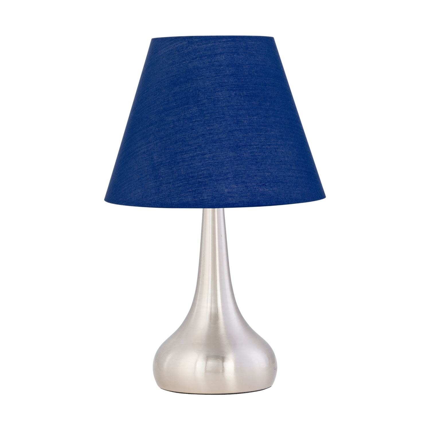 First Choice Lighting Romana - Brushed Chrome Touch Operated Table Lamp with Navy Blue Shade in Silver