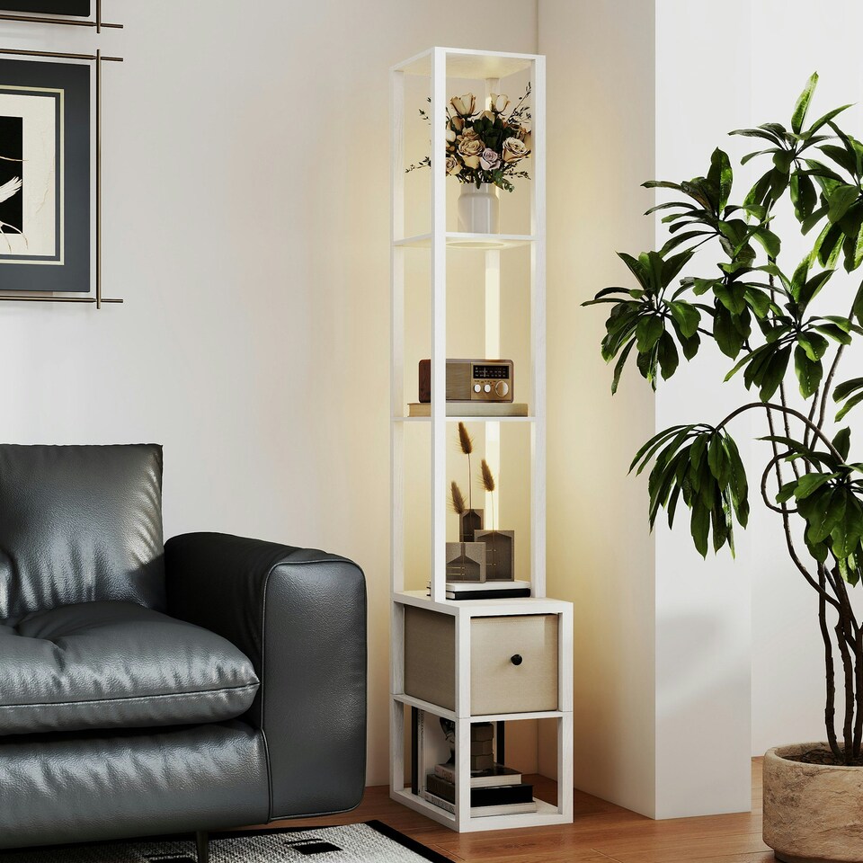 image 1 of HOMCOM Floor Lamp with Shelves, LED Standing Lamp with Fabric Drawer, White White