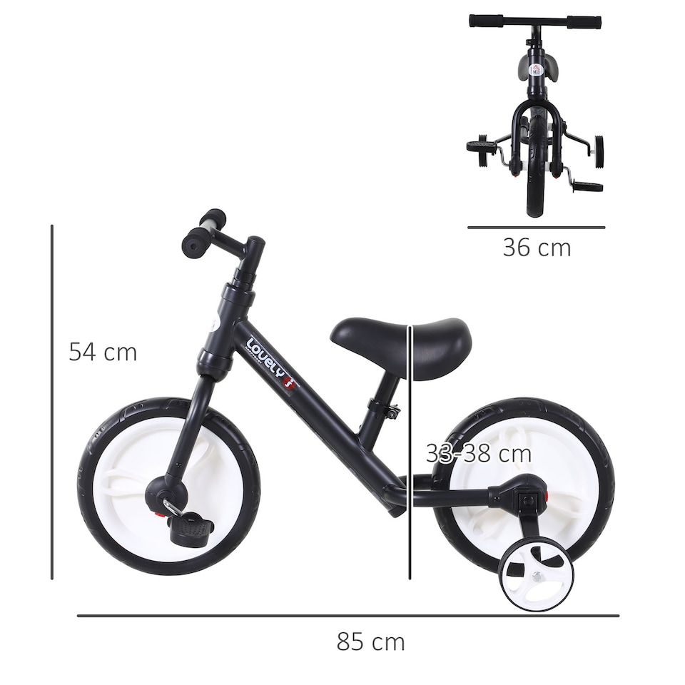 image 1 of HOMCOM 11 Inch Kids Balance Bike Training Pedal Bicycle With Removable Stabilizers EVA Tyres Adjustable Seat Height 2 to 5 Years Gift for Boys Girls Black