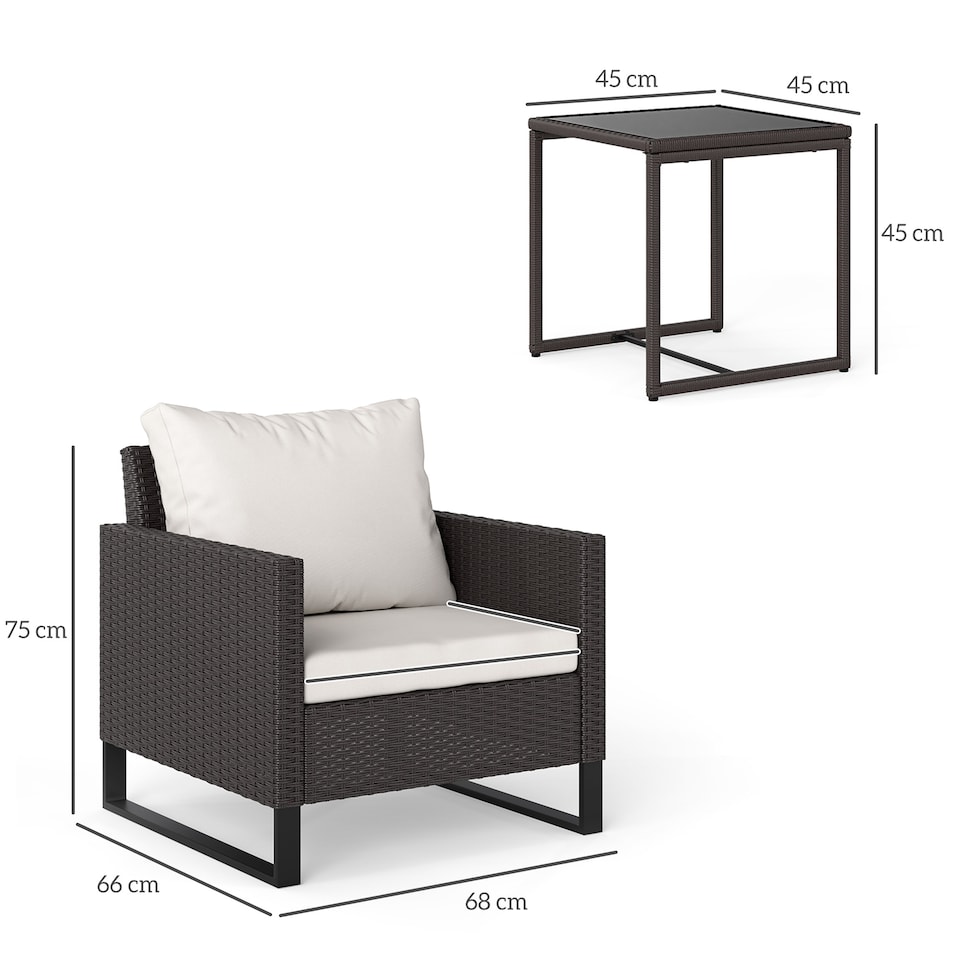 image 1 of Outsunny 3 Pieces Rattan Bistro Set with 4 Cushions, Wicker Garden Furniture Set, Glass Top Coffee Table and Chairs for Outdoor Patio, Balcony, Terrace and Conservatory, Brown