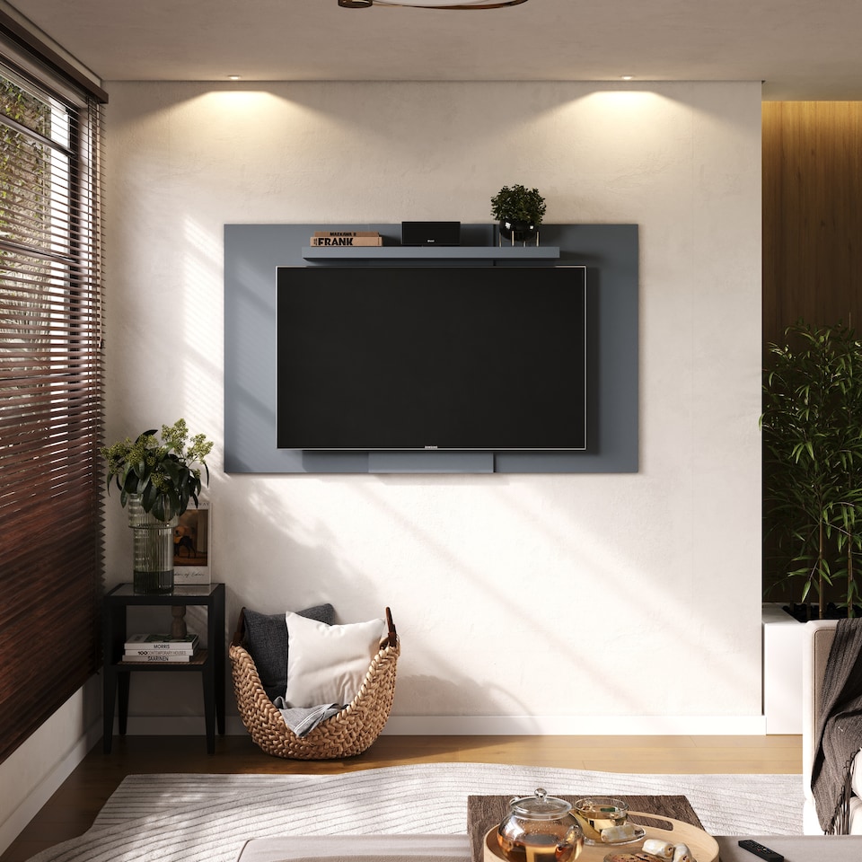 image 1 of Lido TV Display Wall Panel - Extendable or Fixed Media Panel with Adjustable Shelf for TVs