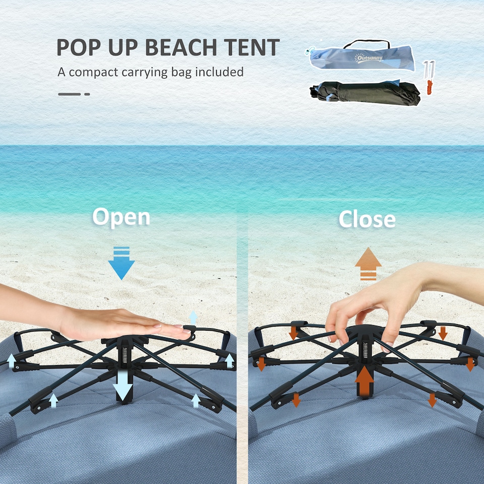 image 1 of Outsunny Pop Up Tent Beach Tent for 23 Person, Easy Set Up Sun Shelter with Extended Floor, Sandbags, Mesh Windows and Carry Bag | Blue