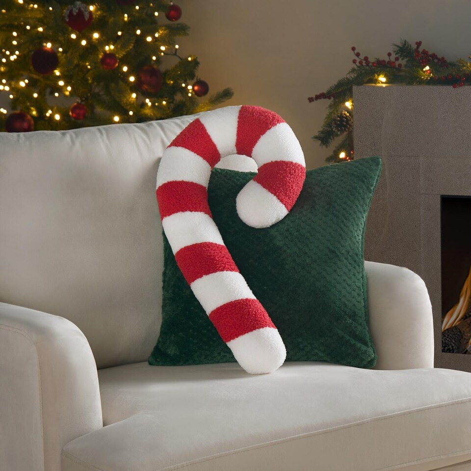 image 1 of OHS 2 x Christmas Candy Cane Soft Plush Fleece Filled Cushion | Red | Red & White