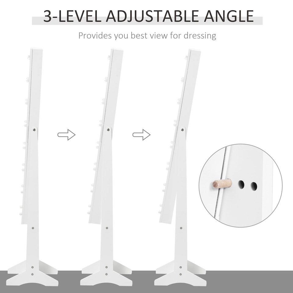 image 1 of HOMCOM Freestanding Mirror Jewelry Cabinet with LED Lights, Jewellery Organiser with 3 Angle Adjustable, Full-Length Mirror with Storage for Earrings, Necklaces, Rings and Lipsticks, Warm White