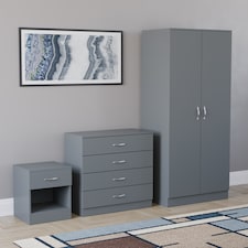Vida Designs Riano 3 Piece Bedroom Set (1 Drawer Bedside Chest, 4 Drawer Chest, 2 Door Wardrobe), Grey (4)