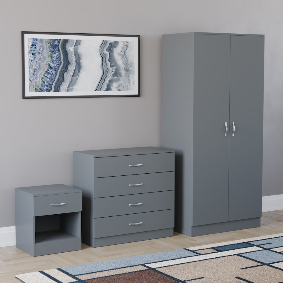 image 1 of Vida Designs Riano 3 Piece Bedroom Set (1 Drawer Bedside Chest, 4 Drawer Chest, 2 Door Wardrobe), Grey (4)