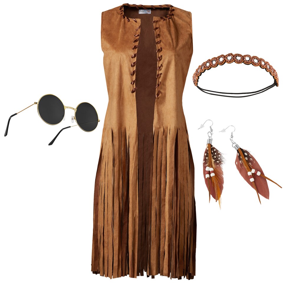 image 1 of Womens Fancy Dress Costume - Hippie Waistcoat and Accessories | Brown | brown | 2XL | 1