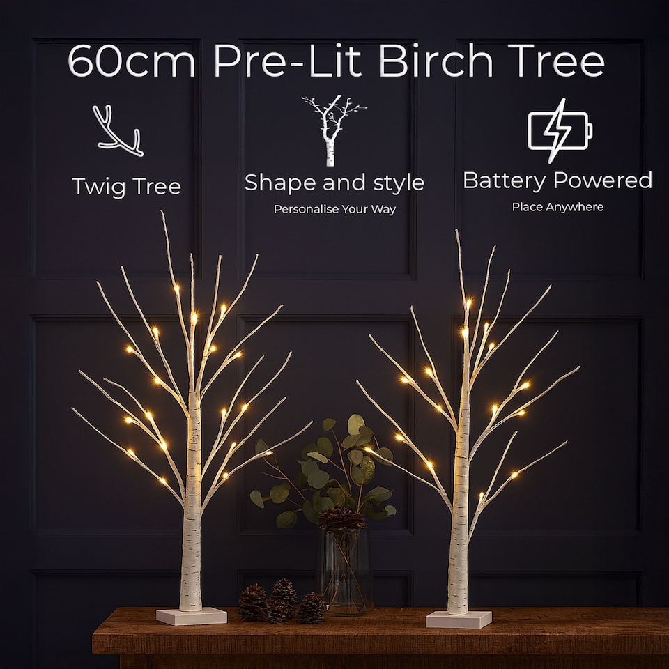 image 1 of Neo Set of 2 LED Pre Lit Twig Tree Lights 60cm Birch Tree Lamp Warm White Lights Battery Operated Decorative Centrepiece Flexible Branches Christmas Wedding Bedroom Home Décor