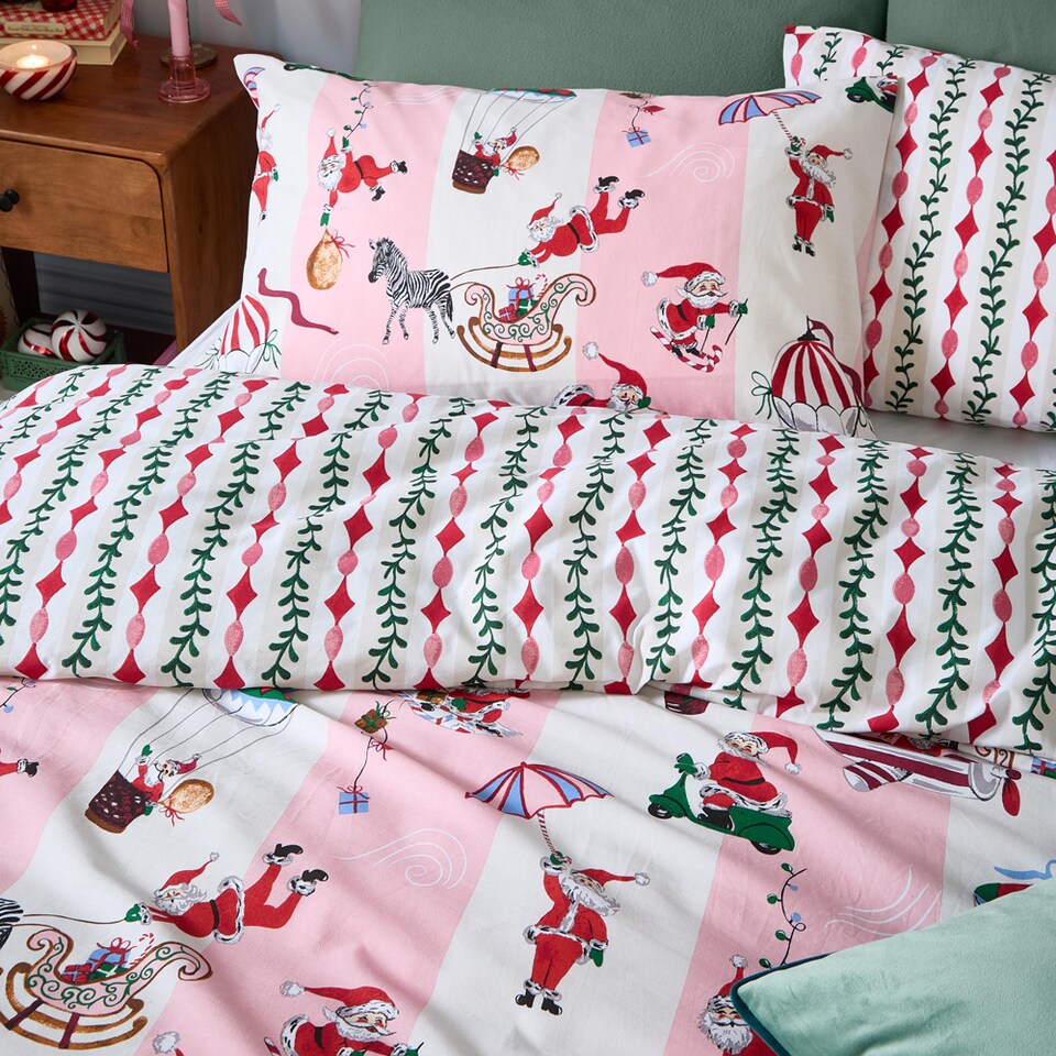 image 1 of Furn Passport To The North Pole Christmas Reversible Duvet Cover Set, Candy Floss/Linen, Super King