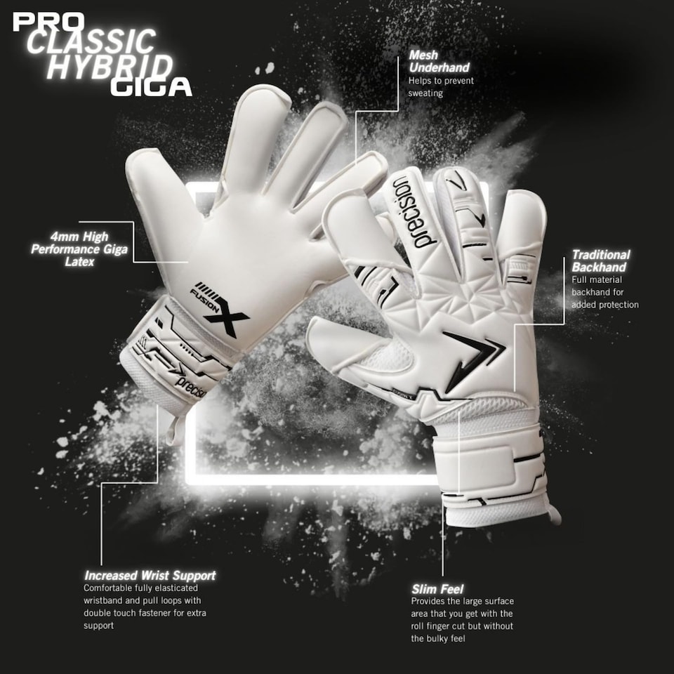 image 1 of Precision Fusion X Pro Classic Hybrid Giga Goalkeeper Gloves, 4mm Giga Latex, Hybrid Cut, Enhanced Wrist Support, Breathable Mesh, White Black, 7