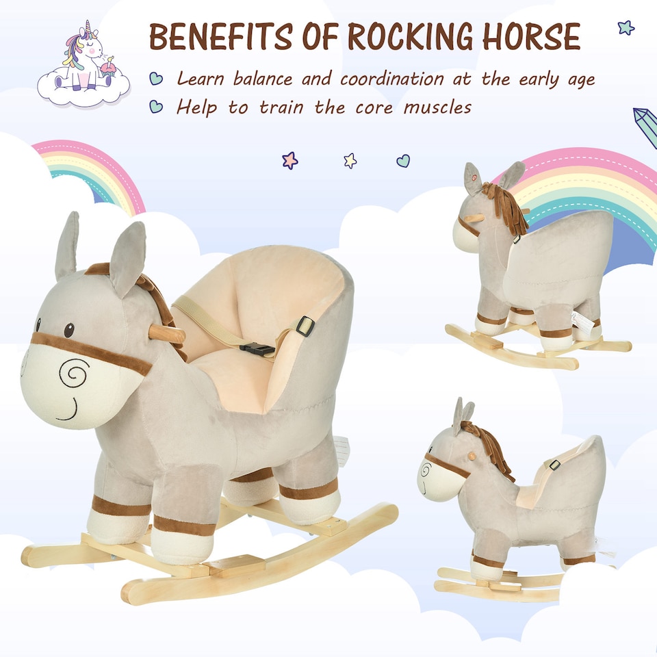 image 1 of HOMCOM Kids Rocking Horse, Children Plush Ride On Donkey Animal Rocker with Sound, Wood Base Seat, Safety Belt, Baby Toy Rocker for Toddler 18 - 36 Months, Grey