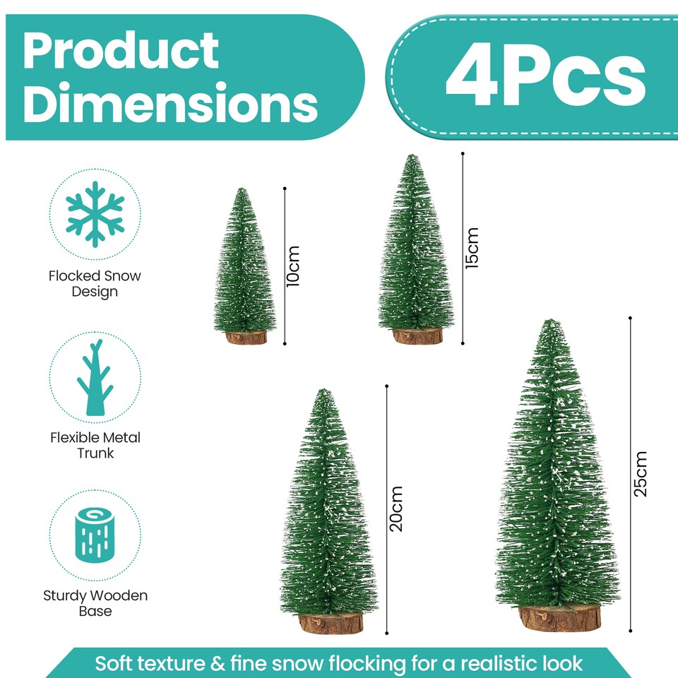 image 1 of Miniature Christmas Trees with Wooden Base for Xmas Village - 4pcs