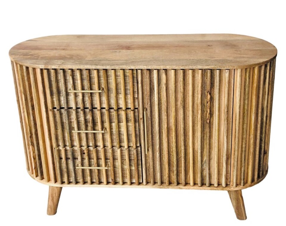 image 1 of Slatted One Door 3 Drawer Sideboard - Mango Wood - L45 x W118 x H80 cm - Mango Light Finish - Assembly Required | Brown