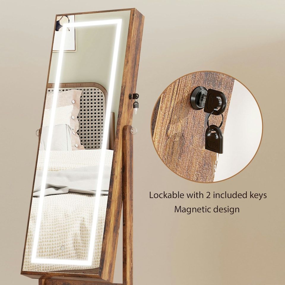 image 1 of HOMCOM Mirrored Jewellery Cabinet W/ LED Light Lockable Jewellery Rustic Brown Brown | One Size