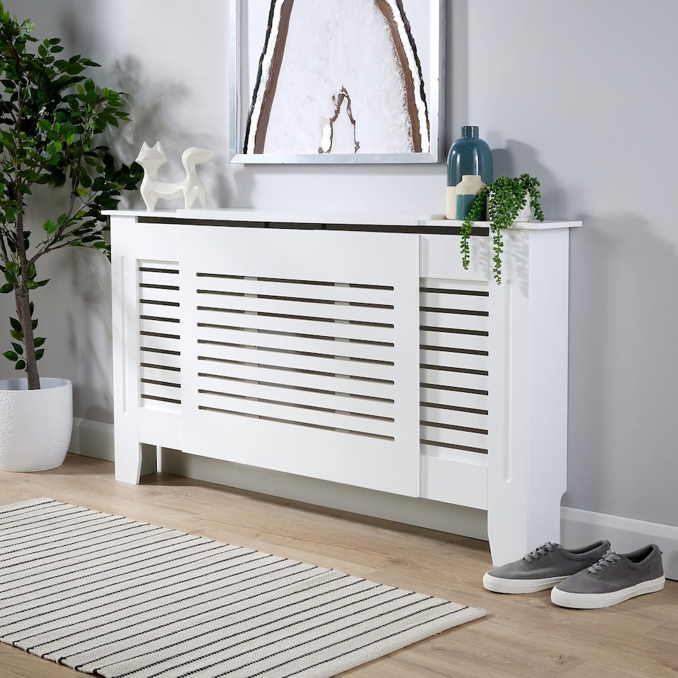 image 1 of Extending Radiator Cover Adjustable Wooden MDF Slatted Grill | White