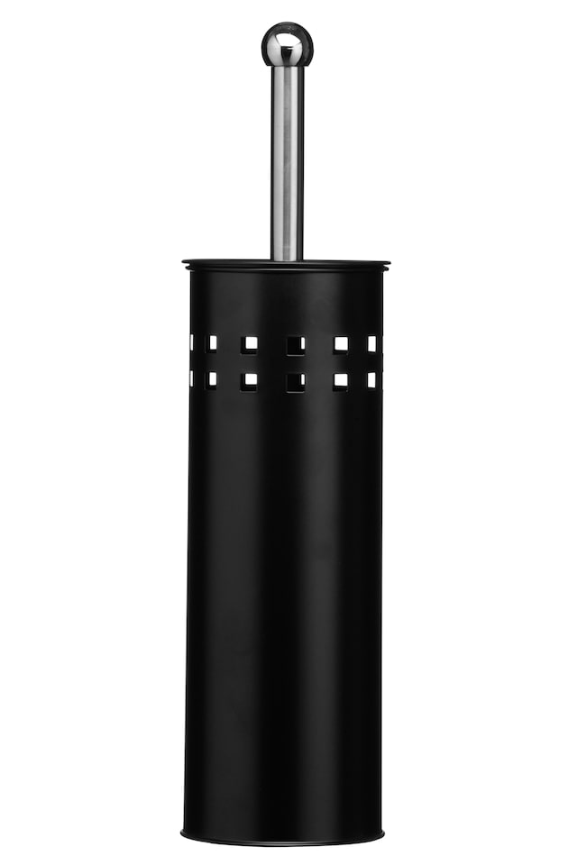 image 1 of Orsina Matt Black Square Design Toilet Brush Holder, Lavatory Brush Set With Silver Handle, Loo Brush With Holder