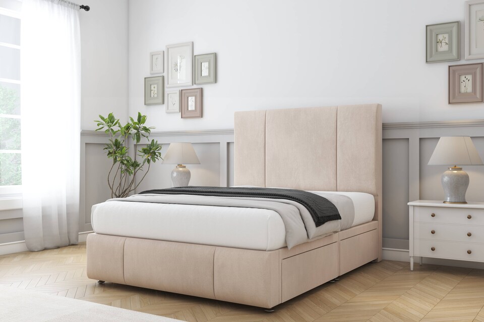 image 1 of Sloomy Lisbon Sand Naples Divan Bed Base No Drawers With 54 Inch Floor Standing Headboard & 12 Inch Matching Footboard | Cream | Sand | Small Double | 1