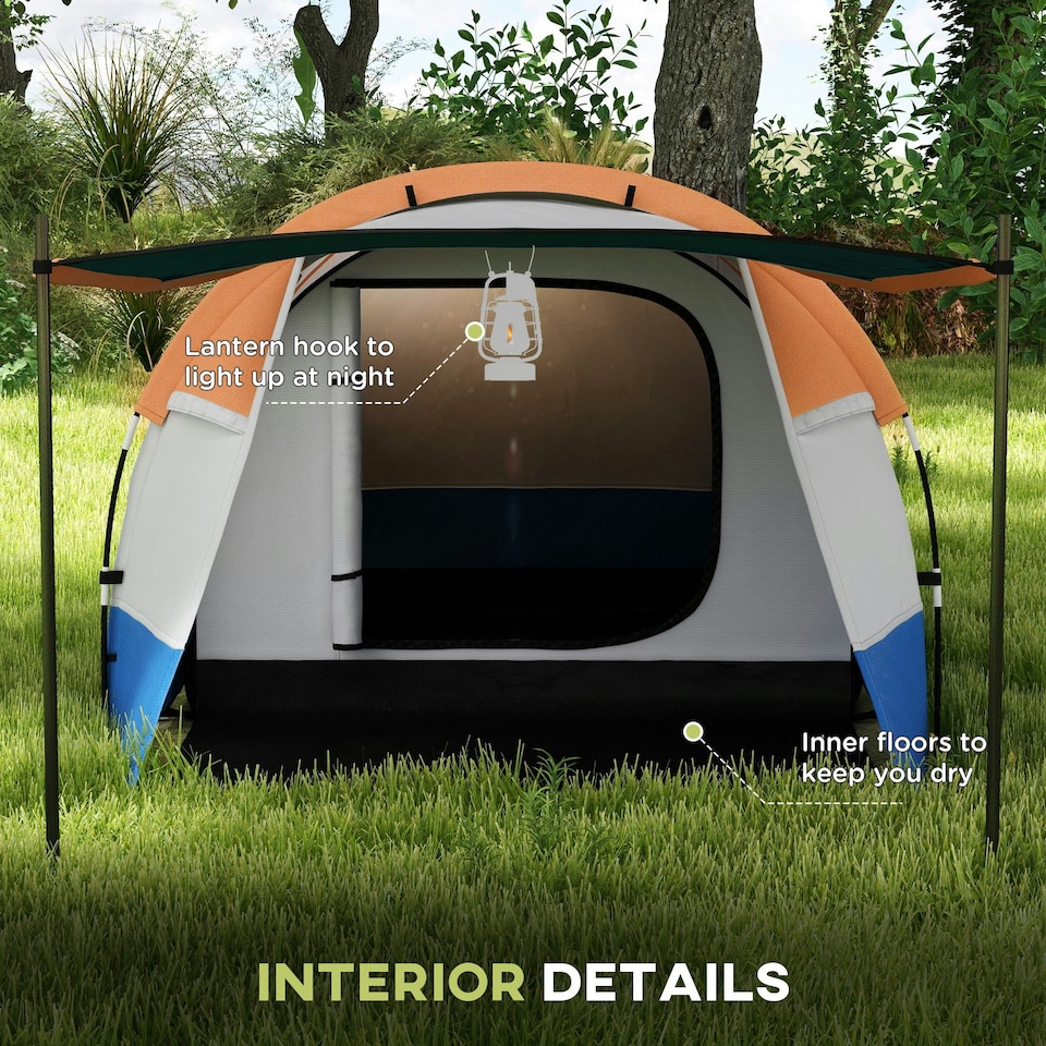 image 1 of Outsunny 2-3 Man Camping Tunnel Tent with Bedroom and Living Room, Orange