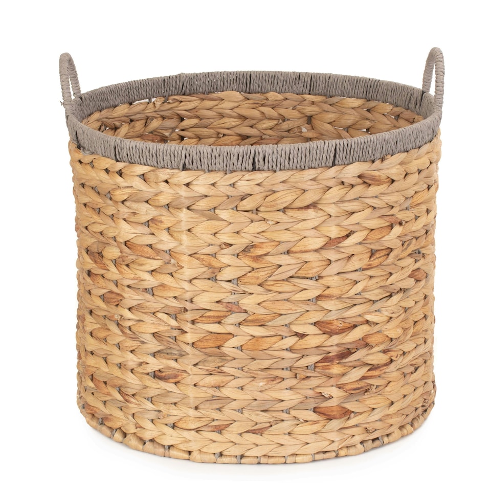 image 1 of Round Water Hyacinth Basket with Grey Rope Border Brown | Brown | L