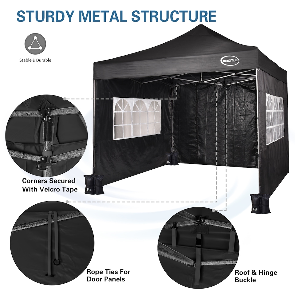 image 1 of Maximus 3 x 3m Heavy Duty Pop up Gazebo With Removable Sides | Black | Black